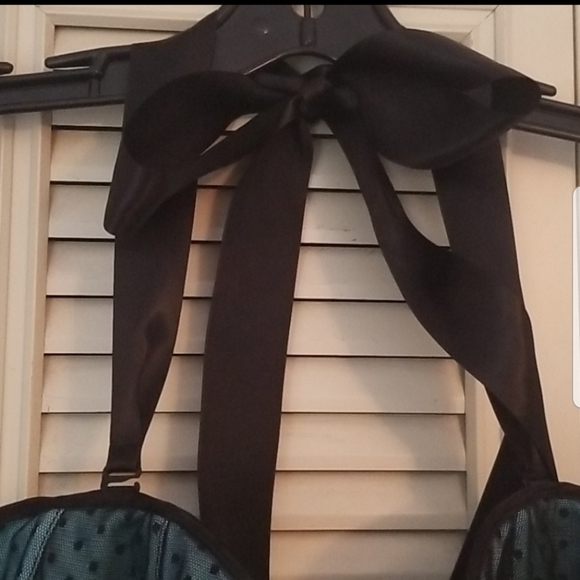 Teal and Black Satin and Lace Corset - Picture 3 of 5